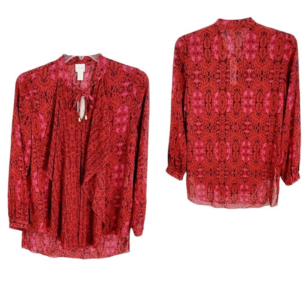 CHICO’S Women’s Size 0/S Red Boho Feminine Damask‎ Ruffle Front Top Shirt - NWT